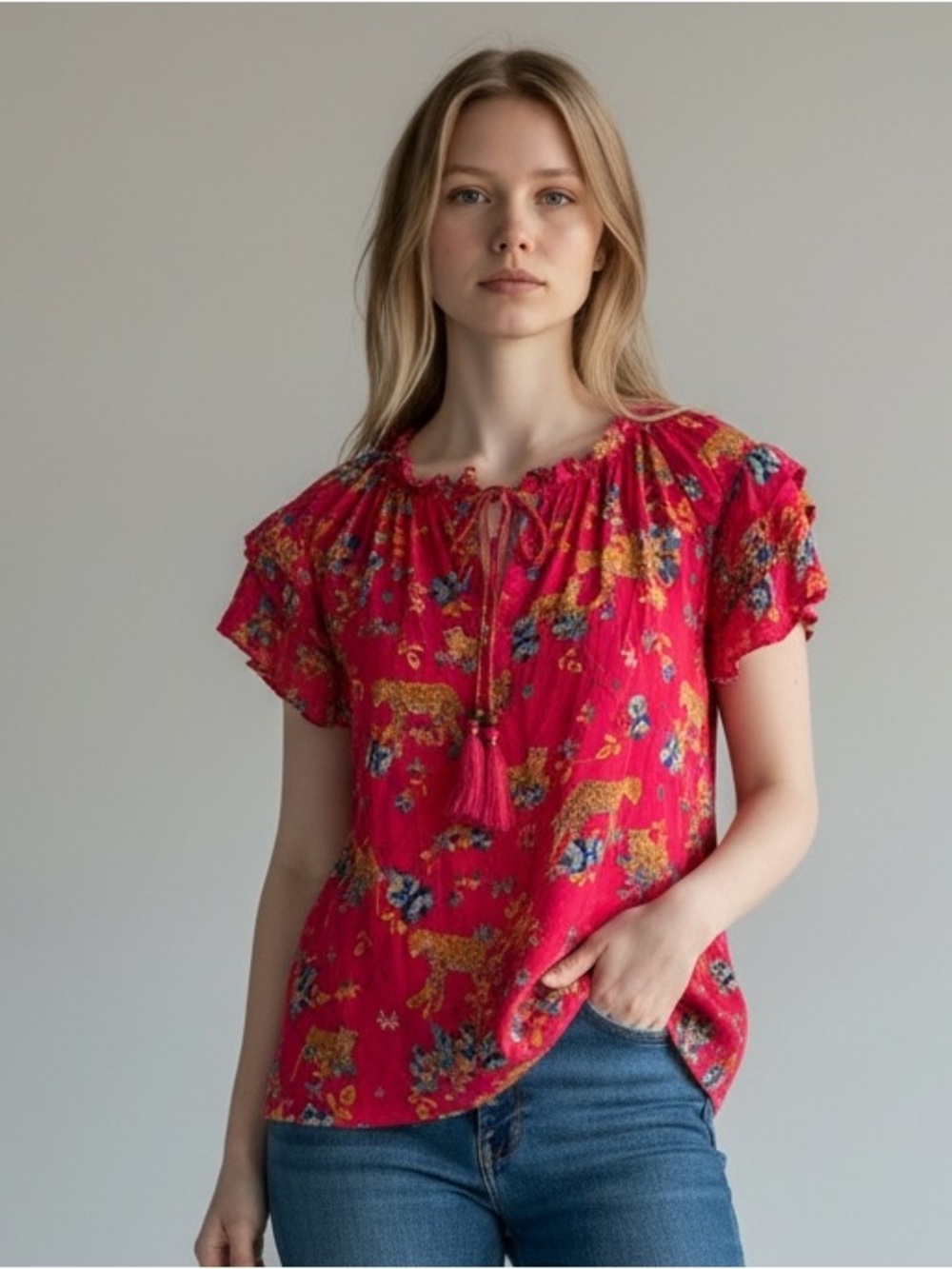 ROSE & OLIVE Women's Flutter Sleeve, Tassle Tie Tiger Floral Pink Blouse, S